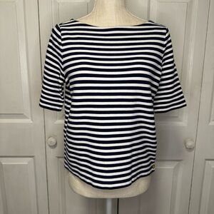 Lauren by Ralph Lauren Navy/White Striped Boatneck Shirt Gold Buttons Size M
